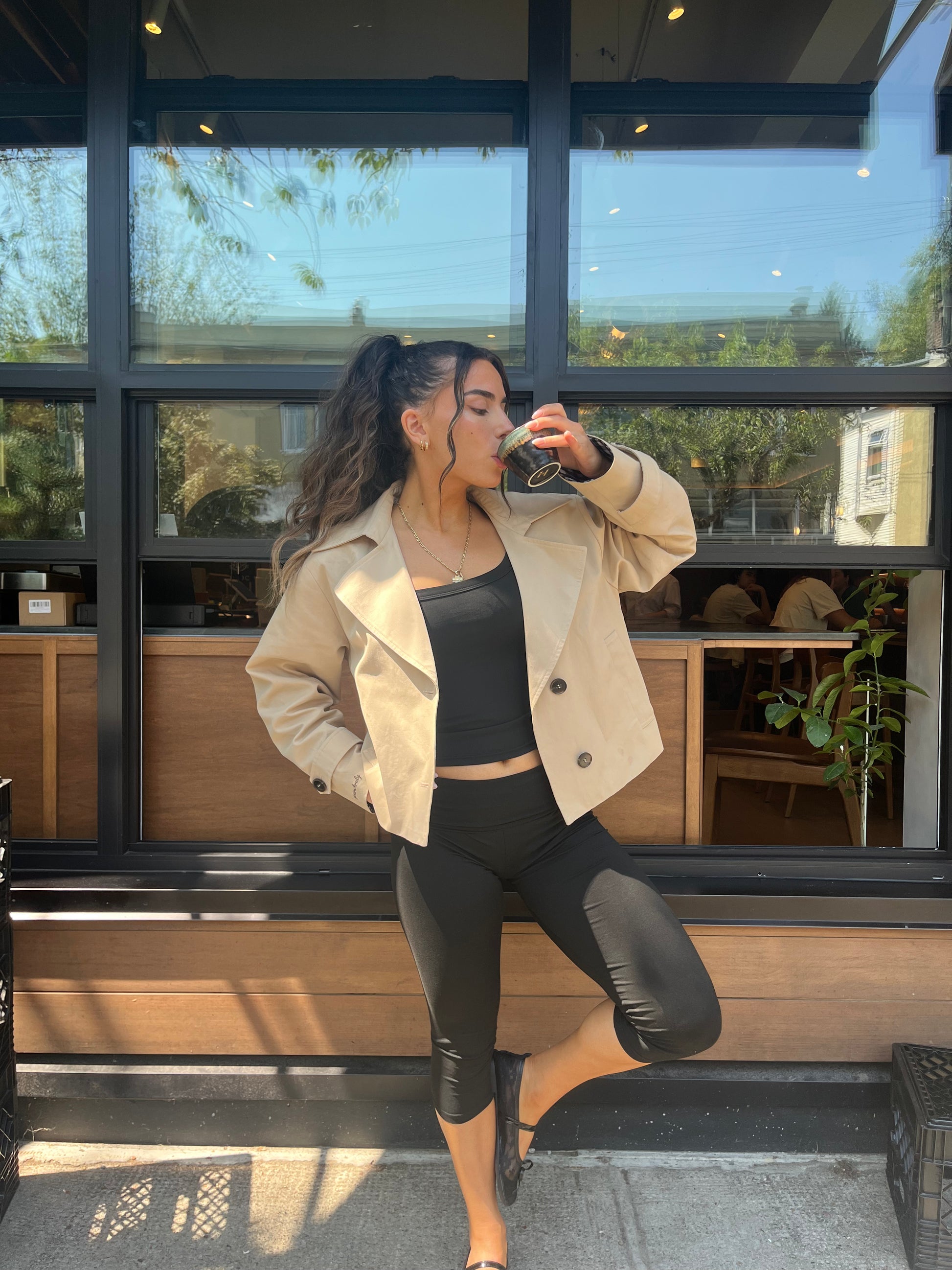 The Crop — cropped cotton women's trench coat styled on model
